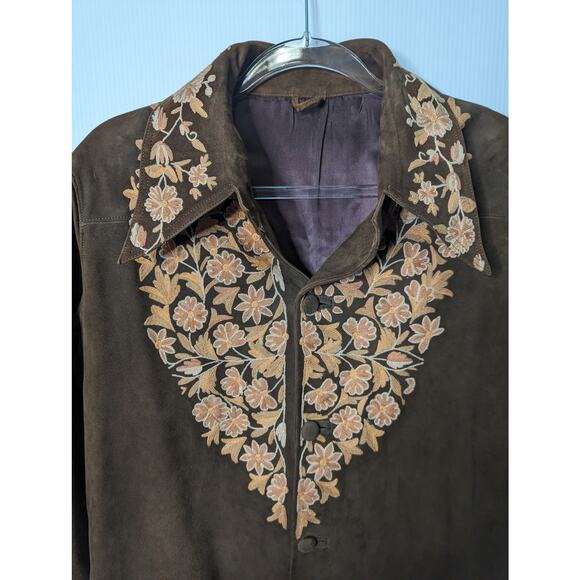 Vintage 70's Women's Suede Jacket Floral Embroidered Pointed Collar - Picture 3 of 11